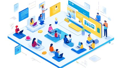 Obraz premium A diverse group of people attending a virtual classroom session on their laptops, gathered around a video call interface, with one person sharing their screen for a collaborative lesson. 