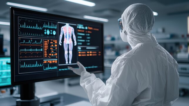 Medical research in a lab scientist monitoring patient data on screen high-tech environment professional viewpoint health concept