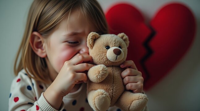 Child holding a teddy bear, sad expression, against a broken heart background
