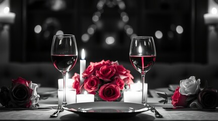 Elegant black and white dinner setting with wine, roses, and candlelight