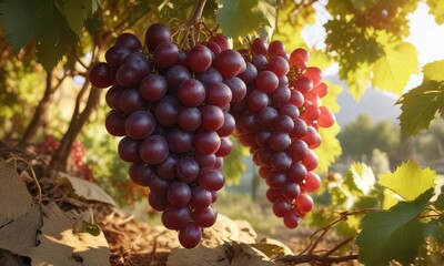 Fototapeta premium A bunch of red grapes scattered among the leaves of a mature grapevine, with a warm sun shining down on them, grapevine, red grapes, vines on tree