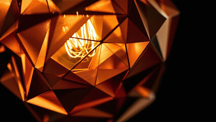 A geometric copper lamp with a warm atmosphere, illuminating intricate shapes against a dark background.