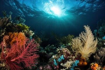 Naklejka premium Vibrant coral reef teeming with marine life and sunlight.