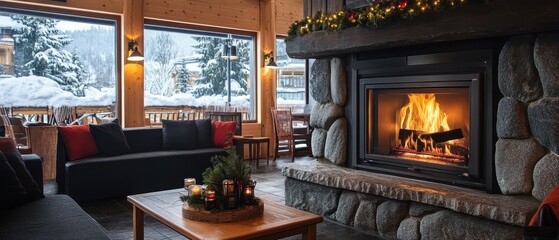 Cozy Winter Cabin Fireplace Scene with Snowy Landscape View