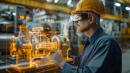 A worker in a hard hat examines machinery with augmented reality overlays in an industrial setting.