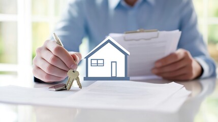 Person signing real estate paperwork, holding house keys.