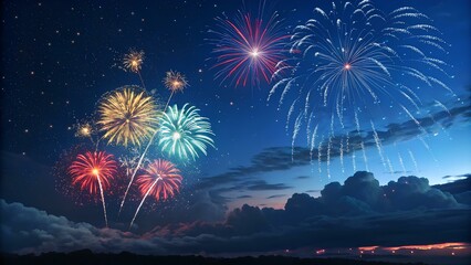 A vibrant display of colorful pyrotechnics explodes over the river, illuminating the night sky with a festive glow, celebrating the new year