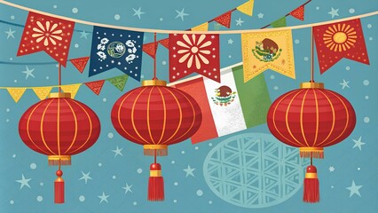 Chinese New Year card with lanterns and autumn decorations for the holiday season