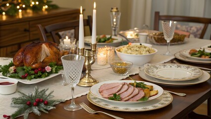 New Year dinner table with festive decorations and elegant table setting for celebration