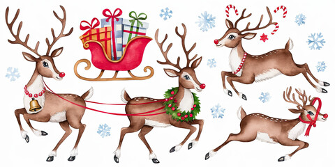 Fototapeta premium Cute Christmas Reindeer Pulling Santa s Sleigh with Gifts Snowflakes