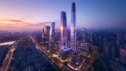 Aerial view of modern skyscrapers illuminated at dusk in an urban landscape.