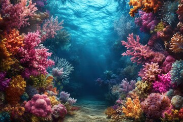 Naklejka premium Vibrant underwater coral reef scene with diverse marine life.