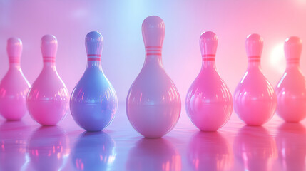 Colorful bowling pins arranged in a playful and vibrant bowling alley setting. Generative AI