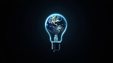 Planet Earth inside a glowing light bulb with blue neon outline on a dark background. Concept for energy, innovation, and ecology