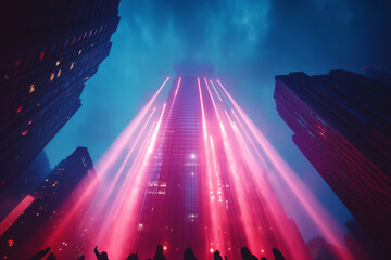 Group of people dancing with glowing skyscrapers. Holiday celebration.