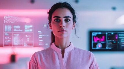 Innovative technology event featuring female leader in futuristic workspace with digital interfaces and data visualizations