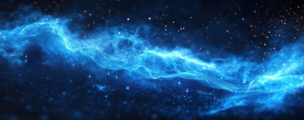 Obraz premium Stunning Abstract Swirling Blue Energy in Deep Space Symbolizing Cosmic Beauty, Mystical Waves of Light with Sparkles Creating a Dreamlike Atmosphere