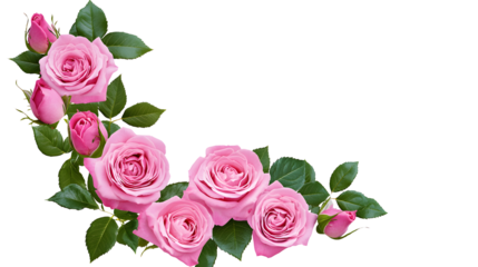 Pink rose flowers in a corner floral arrangement isolated on white or transparent background