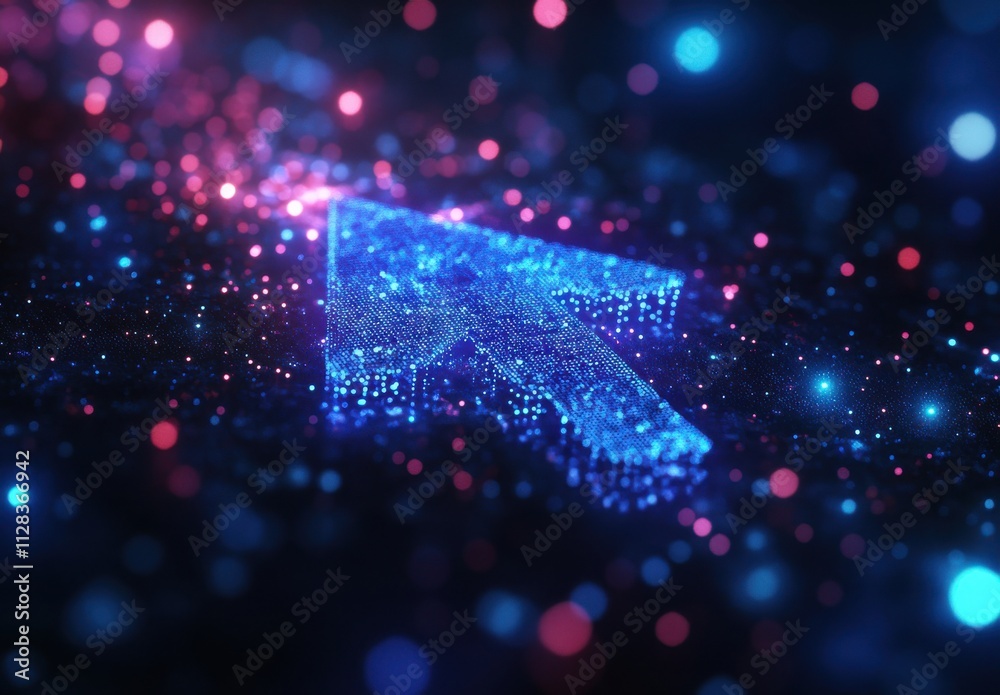 Poster vibrant digital arrow cursor made of sparkling dots and particles floating in a cosmic space, repres