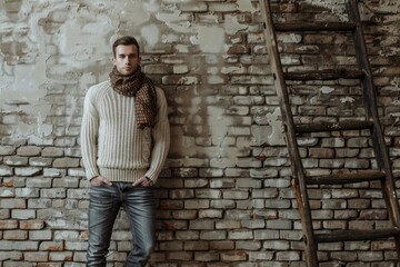 Stylish man in sweater  jeans  scarf near brick wall.