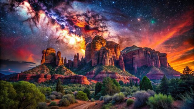 Sedona Cathedral Rock Nebula Sunset: Astrophotography, Arizona Night Sky, RS Puppis, Celestial Landscape, Deep Space Photography