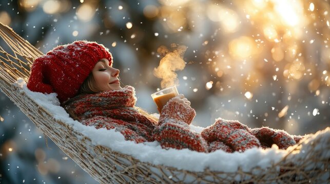 Serene Winter Relaxation Woman in Hammock with Hot Drink