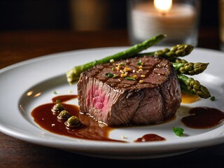 Perfectly grilled steak served with asparagus and sauce for an elegant dining experience.