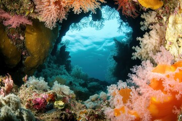 Vibrant underwater scene with coral and marine life.