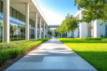 Naklejka premium Pathway lined with greenery leads through modern buildings in bright daylight