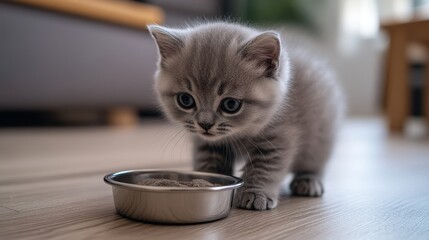 Adorable grey kitten looking at food bowl. Perfect for pet food, animal care, or kitten themes.