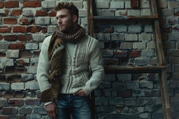 Stylish man in sweater  jeans  scarf near brick wall.