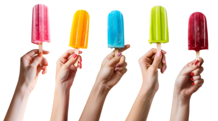 Collection set of hand holding colourful Ice popsicle lolly ice cream on transparent background cutout, PNG file. Many different flavour. Mockup template for artwork graphic design