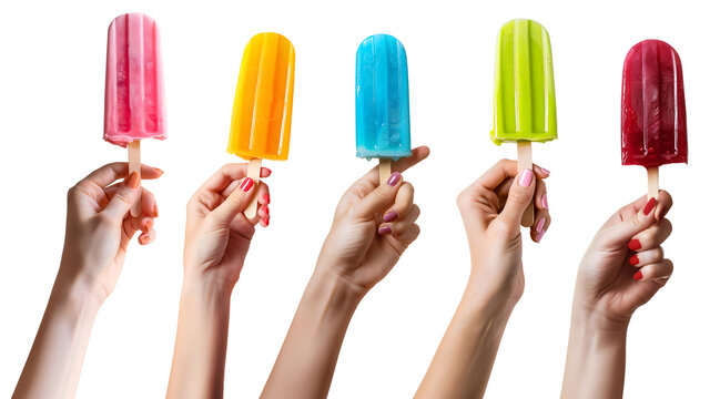 Collection set of hand holding colourful Ice popsicle lolly ice cream on transparent background cutout, PNG file. Many different flavour. Mockup template for artwork graphic design - Powered by Adobe