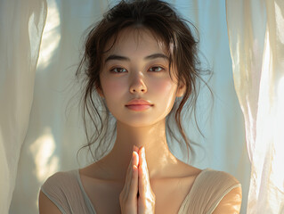 An Asian woman’s serene expression while meditating