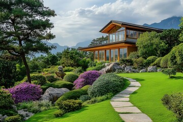 Beautiful garden landscape surrounding a traditional wooden house in daylight
