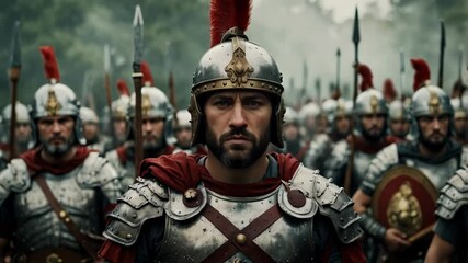 A cinematic depiction of a group of antiquity armored soldiers in formation