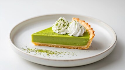 Matcha coconut tart concept. Matcha pie with whipped cream on a white plate.