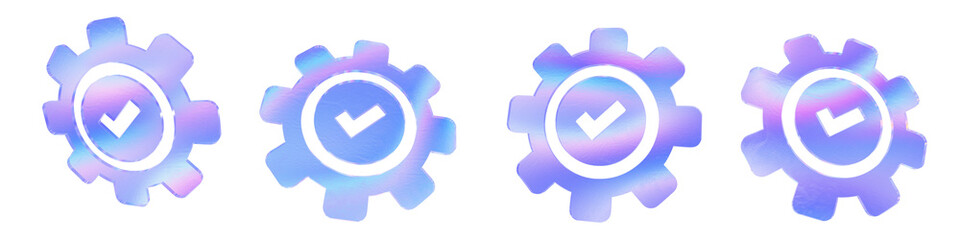 Set of 4 3d glass tick mark in a gear shape with aberration effect isolated on a transparent background. Blue tone. 3d transparent elements for graphic design.