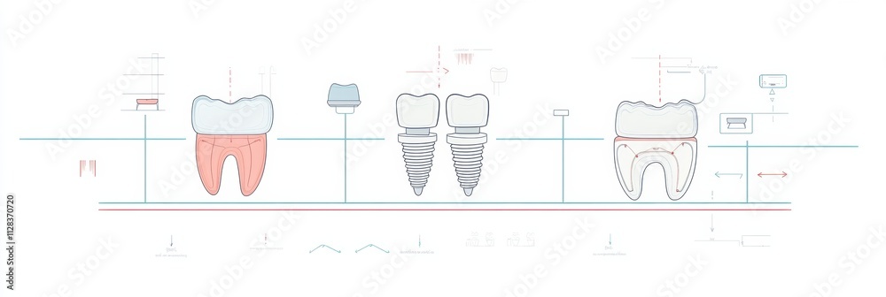 Poster illustration depicting the three stages of the dental implant process, highlighting tooth replacemen