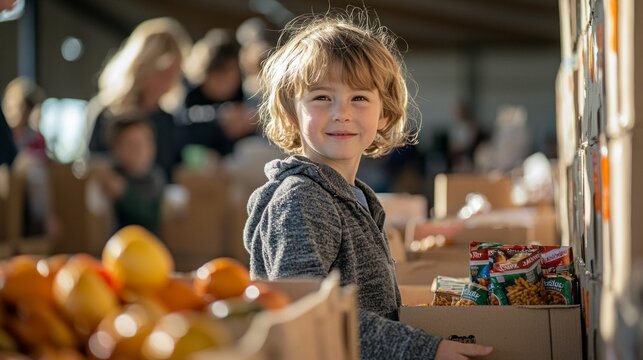 In a vibrant food bank bustling with activity, volunteers work harmoniously to distribute essentials. A young helper smiles brightly, embodying the spirit of community support and generosity