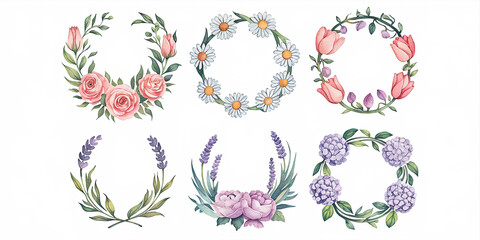 Fototapeta premium Watercolor Floral Wreaths Roses Daisies Tulips Lavender Hydrangea Peonies