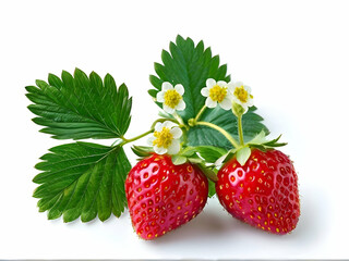 Ripe red strawberries with green leaves, isolated on white background