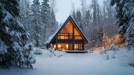 Snow-covered A-frame house with large windows, snowy forest around, soft winter light 