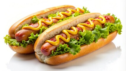 Hot dogs with mustard, served on a white background, simple and tasty snack.