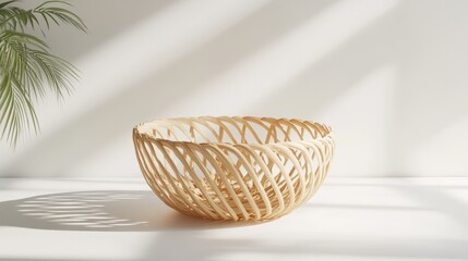 Fototapeta premium Elegant woven rattan bowl, light wood tone. Perfect for home decor, product staging, or adding a natural touch to your design.