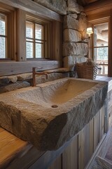 Rustic Charm: A Cozy Stone Bathroom Sink in a Cabin Interior