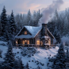 Picture-perfect Christmas cabin, snowy hillside, frozen forest, serene beauty