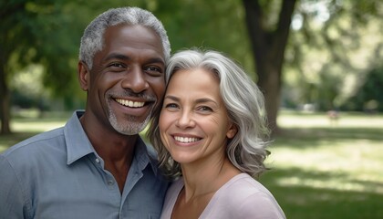 Portrait of a couple - dark-skinned gray-haired elderly man and woman, smiling, happy against the background of green trees.