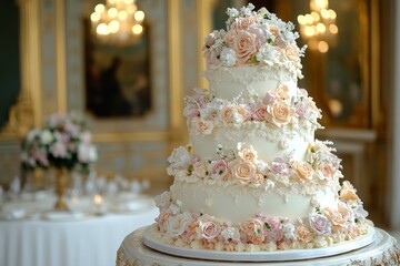 A beautifully frosted wedding cake with whipped cream and elegant flower accents.
