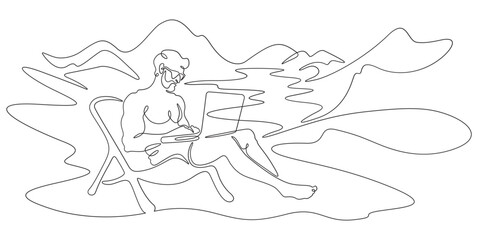Continuous one line drawing handsome man with laptop.Athletic man working remotely on computer in nature in summer.Beautiful landscape.  One continuous line isolated minimal illustration.Not AI.